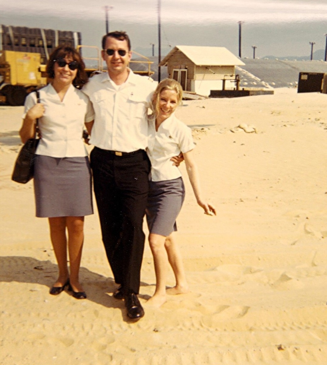 1968 The beach at Cam Rahn Bay, Vietnam, Maureen van Leeuwen left & fellow crew members pose for photos during a brief transit in support of the Vietnam War effort.